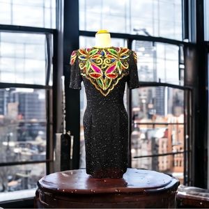 VINTAGE STENAY 1990s SILK AND SEQUIN BEADED BLACK COCKTAIL DRESS SIZE ME…